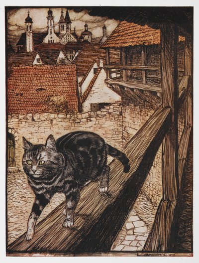 Illustrasjon av en katt som går langs et gjerde fra The Cat and the Mouse in Partnership. av Arthur Rackham