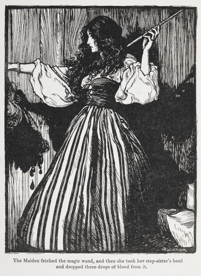Illustrasjon av en jente i stripet kjole fra Sweetheart Roland. av Arthur Rackham