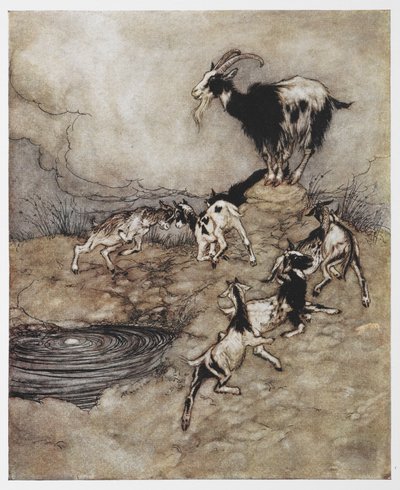 Illustrasjon av en geit og hennes små barn som leker fra The Wolf and the Seven Kids. av Arthur Rackham