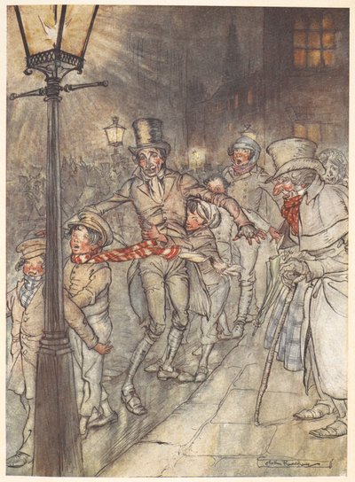 Illustrasjon av et gatebilde på julaften med Bob Cratchit og barn. av Arthur Rackham