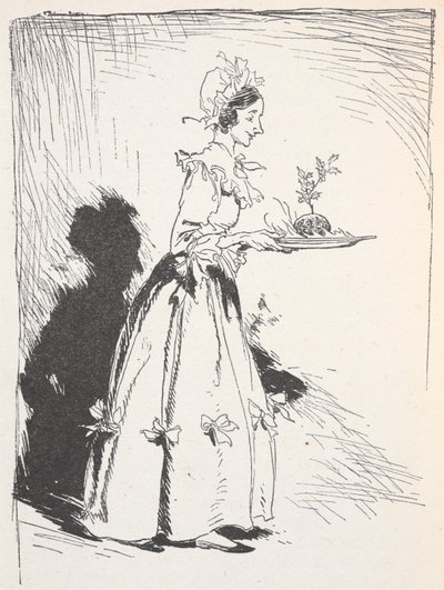 Illustrasjon av en kvinne som bærer en julepudding av Arthur Rackham