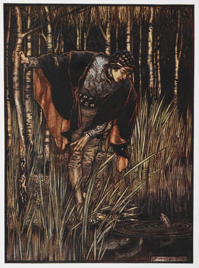 Illustrasjon av en ungdom ved en dam fra The White Snake. av Arthur Rackham