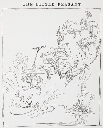 Illustrasjon av menn som hopper fra en klippe ned i en dam fra The Little Peasants. av Arthur Rackham