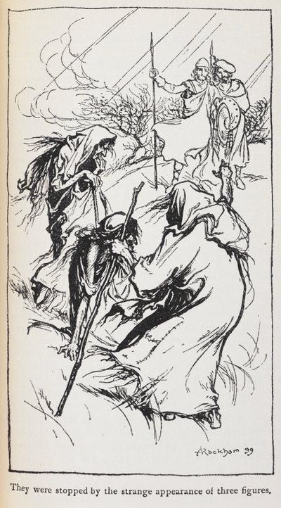Illustrasjon av de tre heksene, Macbeth og Banquo. av Arthur Rackham