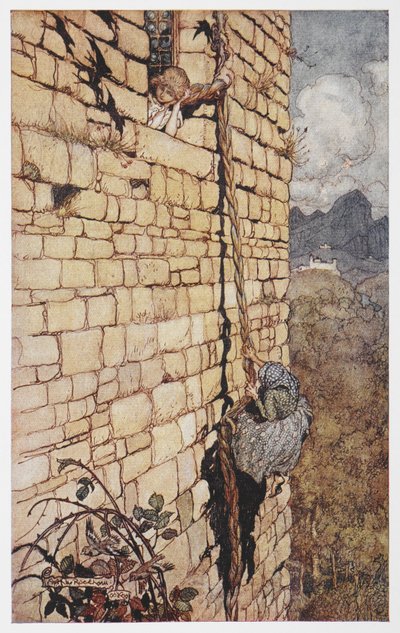 Illustrasjon av heksen som klatrer opp i Rapunzels hår. av Arthur Rackham