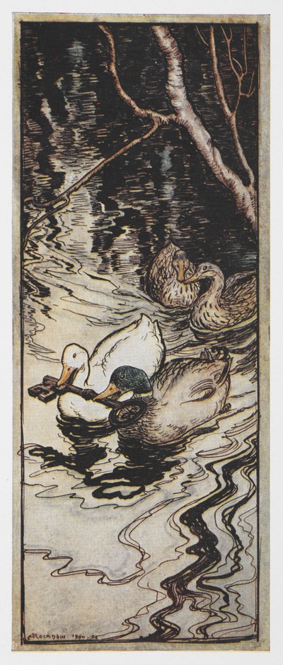 Illustrasjon av to ender som bærer en nøkkel fra The Queen Bee. av Arthur Rackham