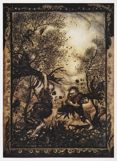 Illustrasjon av to kjemper som kjemper med trær fra The Valiant Tailor. av Arthur Rackham