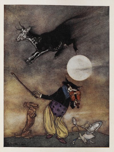 Illustrasjon til et barnerim. En ku som hopper over månen. En katt som spiller fele. En hund. En rett som løper bort med en skje. av Arthur Rackham