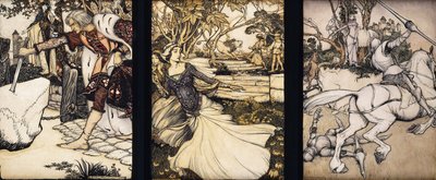 Illustrasjoner til Morte d"Arthur: Sir Galahad trekker Balins sverd fra den flytende steinen; La Cole Male Taile dreper løven som truet dronning Guenevere; og Beaumains beseirer den grønne ridderen, 1902 av Arthur Rackham