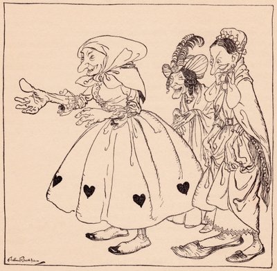 Inn kom de tre kvinnene kledd på den mest staselige måte. Illustrasjon av Arthur Rackham fra Grimm