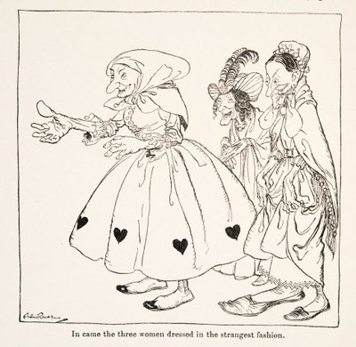 Inn kom de tre kvinnene kledd på merkeligste vis, fra Little Brother & Little Sister and Other Tales av brødrene Grimm, pub.1917 (litho) av Arthur Rackham