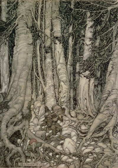 In the Forest with a Barrel fra Rip Van Winkle skrevet av Washington Irving (1783-1859), 1905 av Arthur Rackham