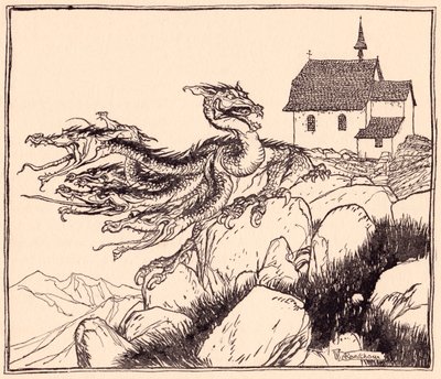 Det tok ikke lang tid før den syvhodede dragen kom, høylytt brølende. Illustrasjon av Arthur Rackham fra Grimm