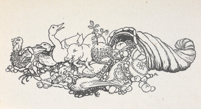 Gjenstander fra en julefest som renner ut fra en hornform. Varene inkluderer en julepudding, pølser, en kalkun, en gris, en and, en fasan, en pai og frukt. av Arthur Rackham
