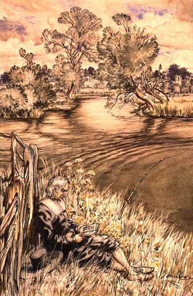 Izaak Walton Reclining Against a Fence, en av en serie illustrasjoner fra Izaak Walton, 