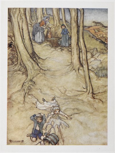 "Jack og Jill". To barn faller ned en bakke. Jill søler en spann med vann mens Jack støter på hodet. av Arthur Rackham