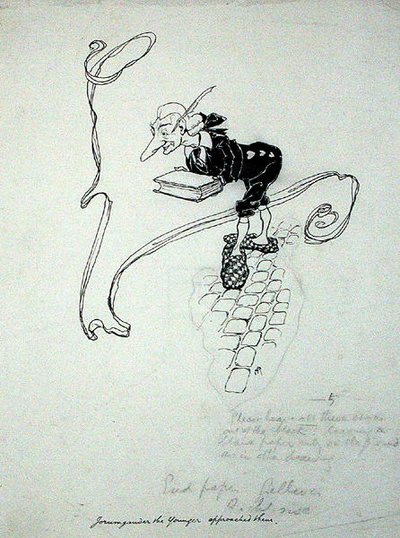 "Jorumgander den yngre forlot butikken sin og henvendte seg til dem med et etui med penner som han tilbød for salg", illustrasjon fra "The Zankiwank and the Bletherwitch", av S.J. Adair Fitzgerald, utgitt 1896 (penn og blekk på papir) av Arthur Rackham