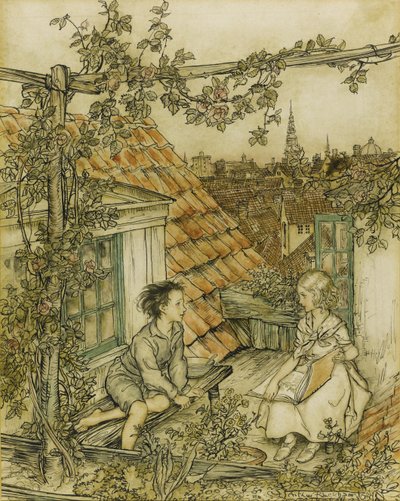 Kay og Gerda i hagen deres høyt oppe på taket. Illustrasjon til historien om Snødronningen, 18 av Arthur Rackham