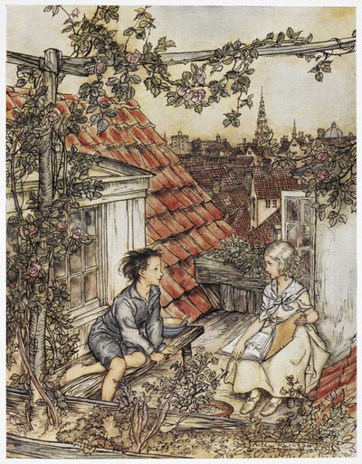 "Kay og Gerda i hagen deres høyt oppe på taket". To barn sitter på taket av et hus. Illustrasjon for "den lille jenta og den lille gutten". av Arthur Rackham