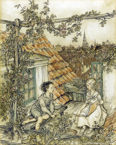 La Reine des neiges - Kay og Gerda i hagen deres høyt oppe på taket. Illustrasjon for historien om snødronningen av Rackham, Arthur (1867-1939) av Arthur Rackham