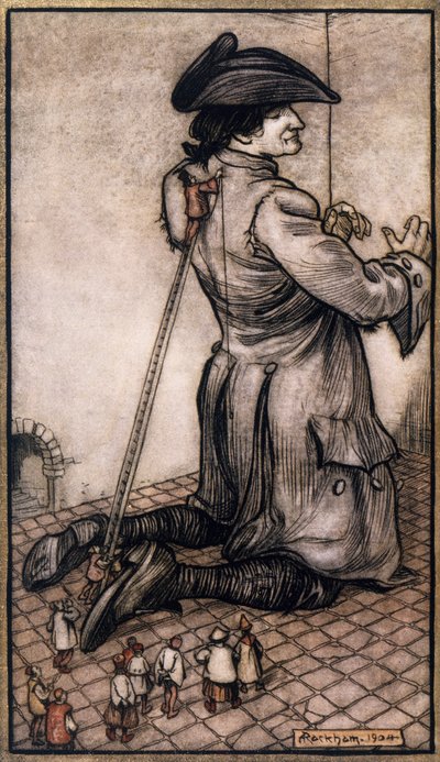 Lilliputske skreddere måler Gulliver for å lage ham ny drakt, illustrasjon av Arthur Rackham (1867-1939) fra Gulliver