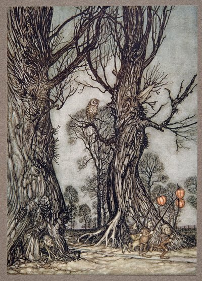 Linkmenn som løper foran og bærer vinterkirsebær, fra Peter Pan i Kensington Gardens av J M Barrie (1860 - 1937), pub. 1906 av Arthur Rackham