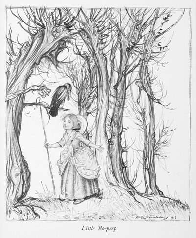 Lille Bo-pip i en skog med en fugl. av Arthur Rackham