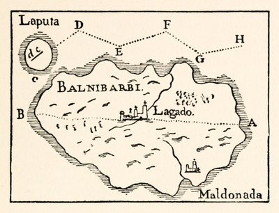 Kart over Laputa (flygende øy øverst til høyre) og Balnibarbi (hovedhavn Maldonado) fra del III: A Voyage to Laputa, Balnibarbi, Luggnagg, Glubbdubdrib og Japan in Gullivers Travels av Jonathan Swift av Arthur Rackham