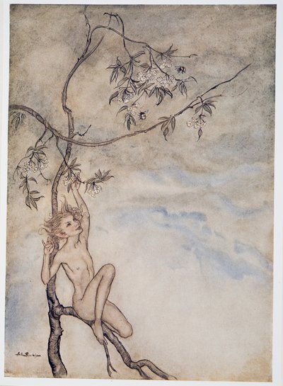 Glad, lystig skal jeg leve nå under blomsten som henger på grenen, illustrasjon fra William Shakespeares The Tempest, pub. 1926 av Arthur Rackham