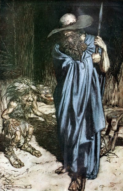 Mime og vandreren. Illustrasjon for Siegfried og The Twilight of the Gods av Richard Wagner, av Arthur Rackham