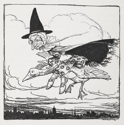 Gåsmor flyr på gås. av Arthur Rackham