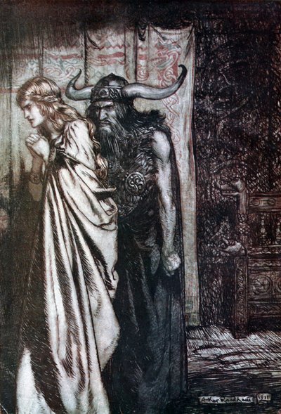 O kone forrådt jeg vil hevne de stoler på bedratt! Illustrasjon for Siegfried og The Twilight of t av Arthur Rackham