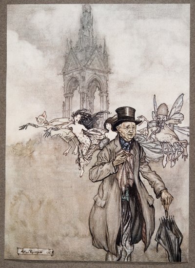 Gamle Mr Salford var et krabbeeple av en gammel herre som vandret hele dagen i Gardens, fra Peter Pan i Kensington Gardens av J M Barrie (1860 - 1937), pub. 1906 av Arthur Rackham