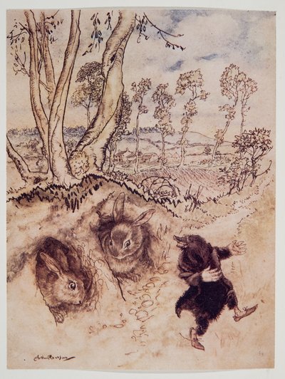 Løk-saus! Løk-saus! bemerket han spottende, og var borte før de rakk å komme på et svar, fra Wind in the Willows av Kenneth Grahame (1859 - 1932), pub. 1940 av Arthur Rackham