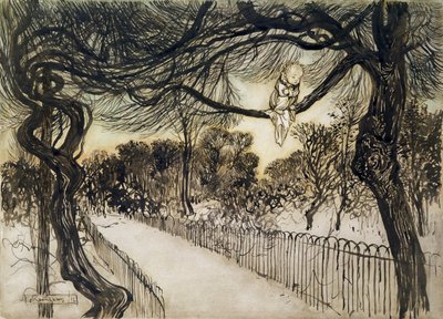Peter Pan on a Branch, scene fra Peter Pan i Kensington Gardens av J.M Barrie, 1912 (penn og blekk og wc) av Arthur Rackham