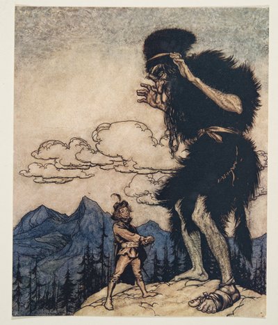 Han trakk den myke ostebiten opp av lommen og klemte den til fuktigheten tok slutt ..fra The Fairy Tales of the Brothers Grimm, pub. 1909 av Arthur Rackham