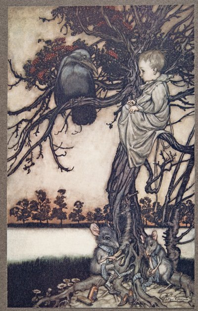 Sett hans merkelige sak foran Old Solomon Caw, fra Peter Pan i Kensington Gardens av J M Barrie (1860 - 1937), pub. 1906 av Arthur Rackham