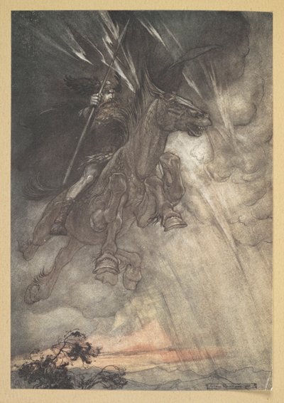 "Raging, Wotan rir til Klippen! Som en stormvind kommer han!" av Arthur Rackham