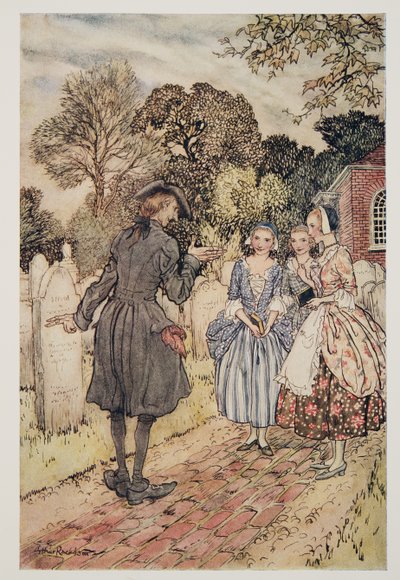 Resiterer for underholdningens skyld alle epitafene på gravsteinene.., fra The Legend of Sleepy Hollow av Washington Irving (1783 - 1859), pub. 1928 av Arthur Rackham