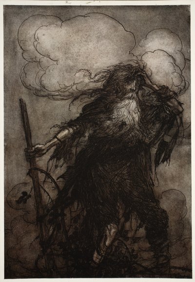 Rip våkner. Sikkert, selv om han, har jeg ikke sovet her i hele natt? Å! Det flagget! Den slemme flagget! Hvilken unnskyldning skal jeg komme med til Dame Van Winkle? fra Rip Van Winkle av Washington Irving, pub. 1910 av Arthur Rackham