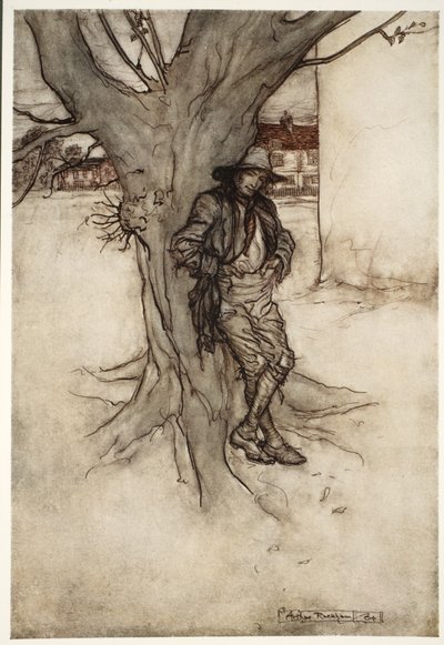 Rips son, en presis motstykke til seg selv, da han gikk opp på fjellet., fra Rip Van Winkle av Washington Irving, pub. 1910 av Arthur Rackham