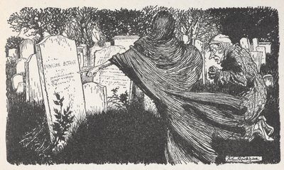 Scrooge og et spøkelse på en kirkegård om natten. av Arthur Rackham