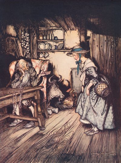 Hun tryglet ganske pent om å få overnatte der. Illustrasjon av Arthur Rackham fra Grimm
