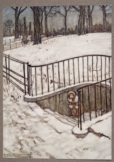 Hun løp godt til St Govers og gjemte seg .. , fra Peter Pan i Kensington Gardens av JM Barrie (1860 - 1937), pub. 1906 av Arthur Rackham