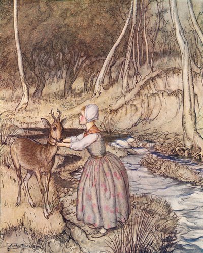 Hun tok av seg den gyldne strømpebåndet og la den rundt rognbukkens hals. Illustrasjon av Arthur Rackham fra Grimm