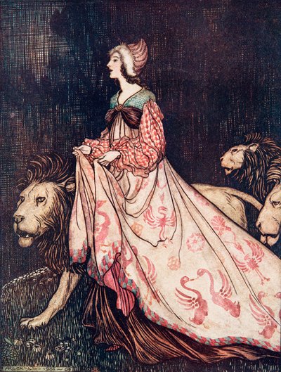 Hun dro bort akkompagnert av Lions, fra The Fairy Tales of the Brothers Grimm, pub. 1909 av Arthur Rackham