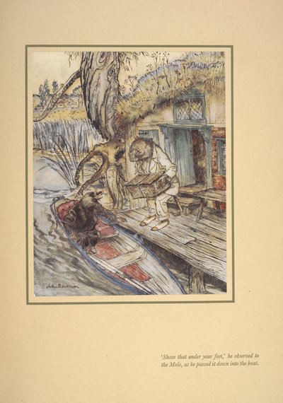 «Skyv det under foten din», observerte han (Ratty) til føflekken da han førte den ned i båten. av Arthur Rackham