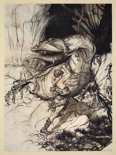 Siegfried dreper Fafner, illustrasjon fra 'Siegfried and the Twilight of the Gods', 1924 av Arthur Rackham