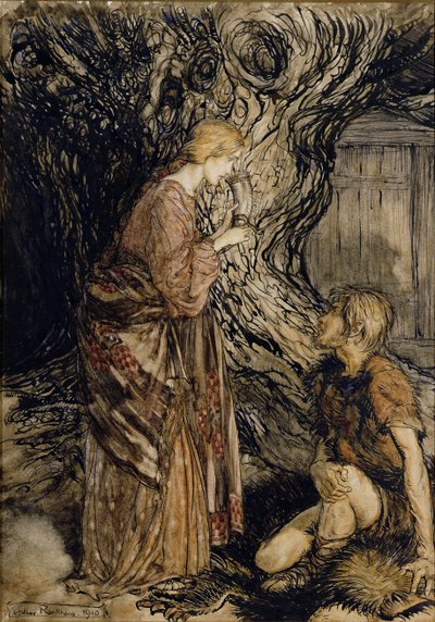Siegmund og Sieglinde, Illustrasjon fra Rhinegold og Valkyrien av Richard Wagner, Heinemann, 1910 (penn og blekk med wc på papir) av Arthur Rackham