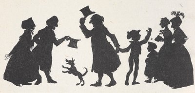 Silhuett av en ung gutt og en mann som hilser på folk på vei hjem fra kirken. av Arthur Rackham